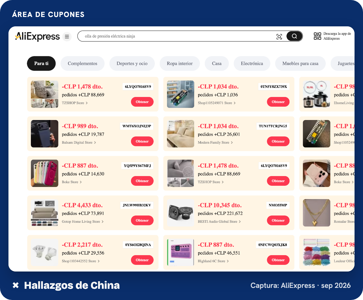 Área de cupones de AliExpress Chile con cupones de tienda