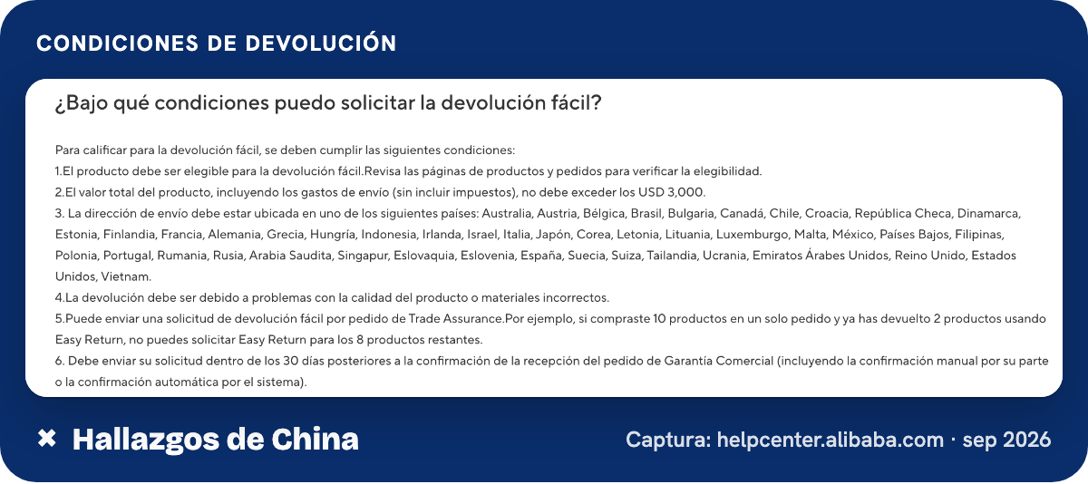 Condiciones de Easy Return en el centro de ayuda de Alibaba