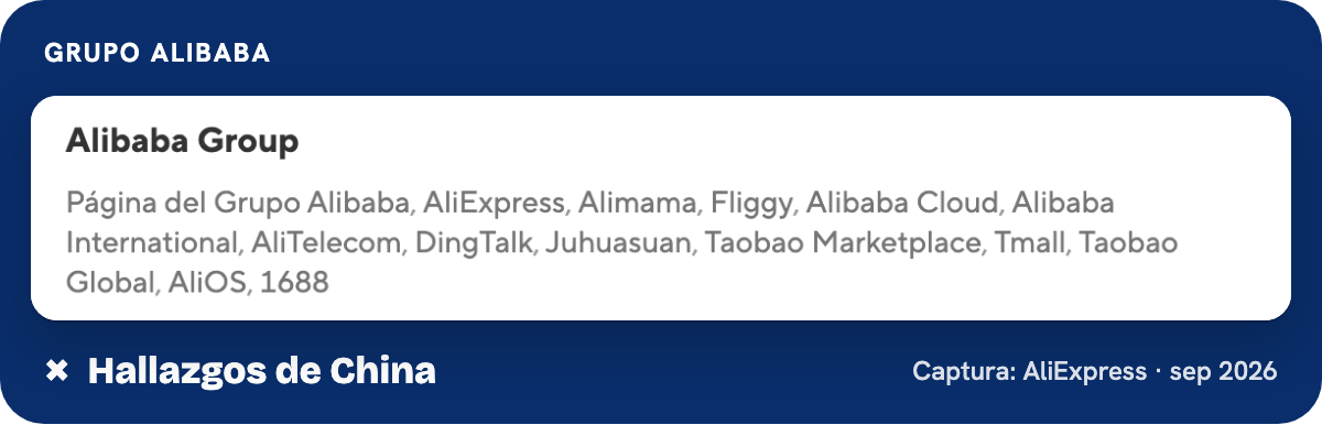 AliExpress aparece en la sección Alibaba Group del sitio oficial