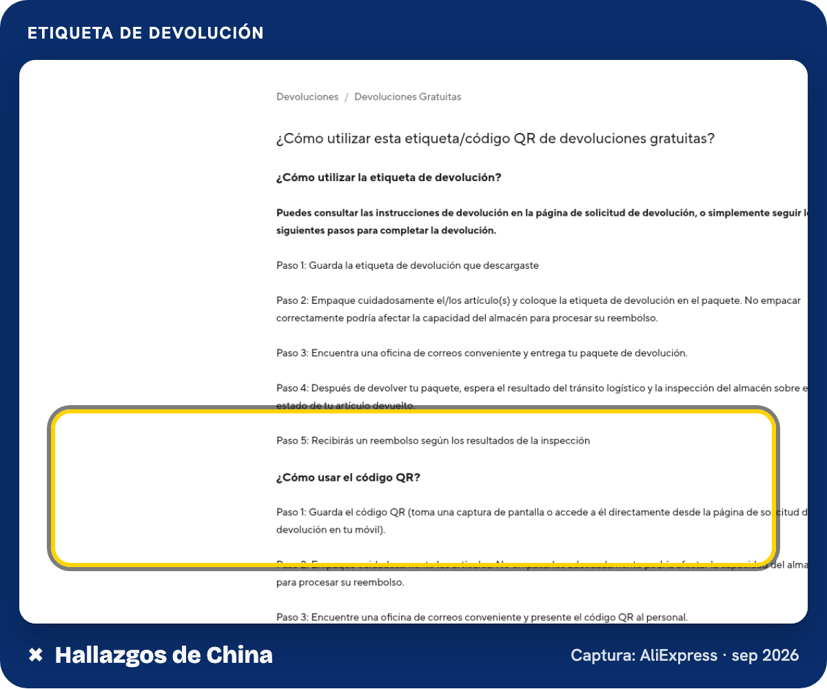 Ayuda de AliExpress en español sobre la etiqueta y el código QR