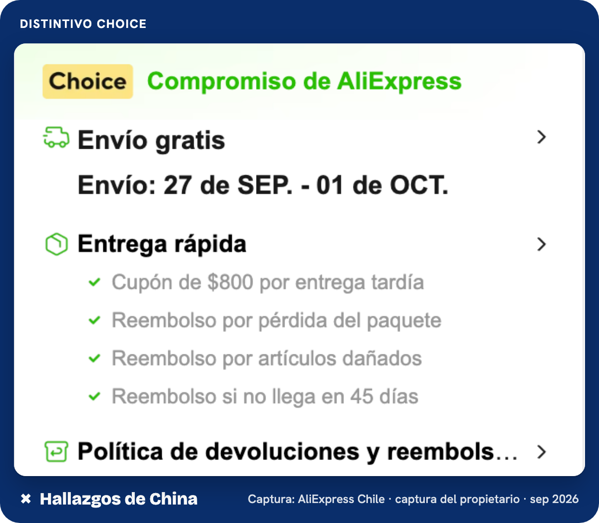Distintivo Choice y panel de compromisos en una oferta de AliExpress Chile.
