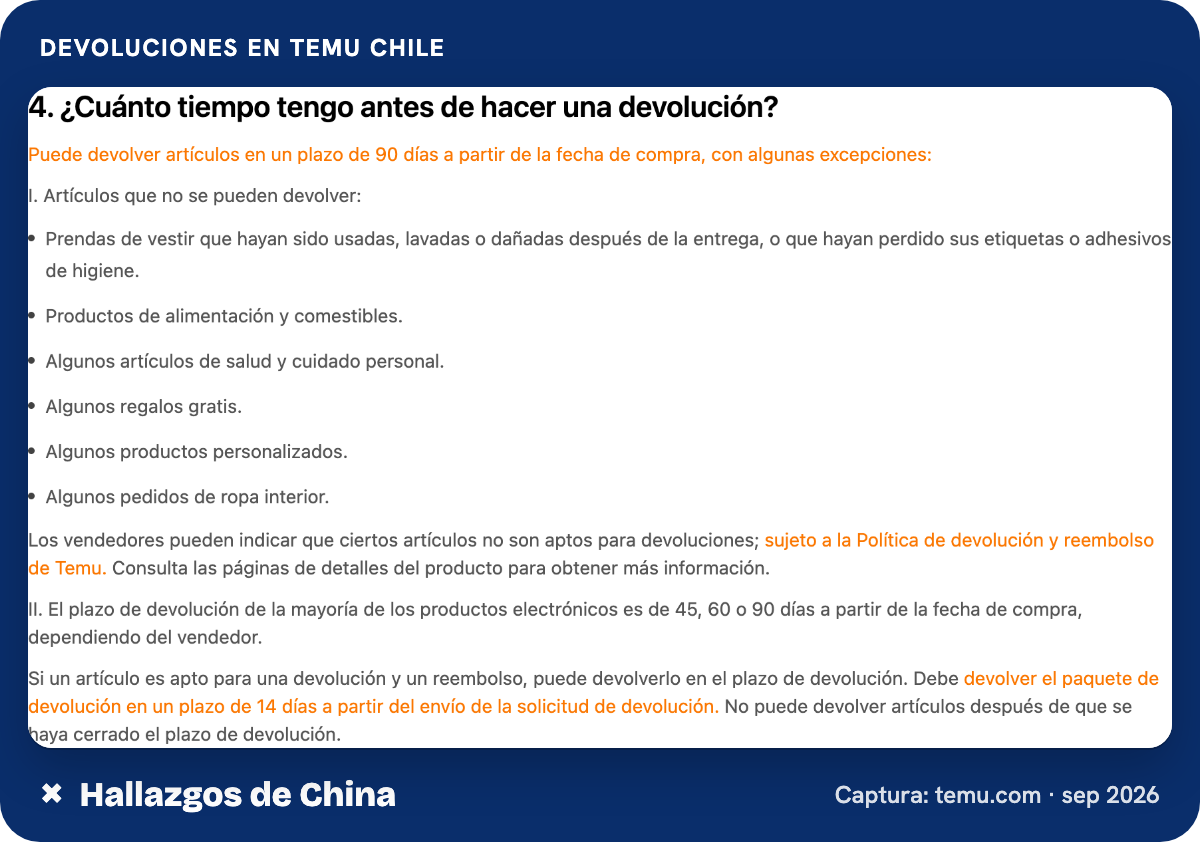 Plazos y excepciones de devolución en la política oficial de Temu Chile.