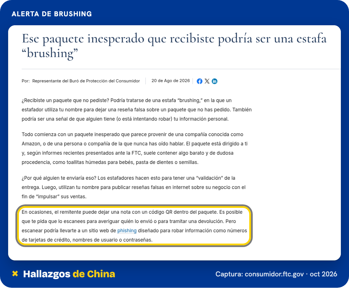 Alerta de la FTC sobre un paquete no pedido y un código QR que puede llevar a un sitio falso.