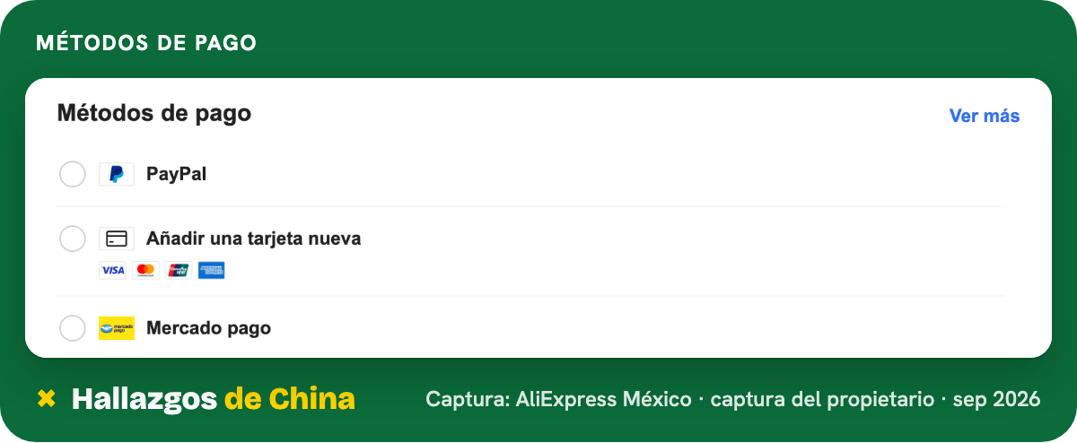 Opciones de PayPal, tarjeta y Mercado Pago en una pantalla de compra de AliExpress México.