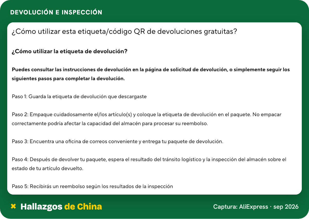 Ayuda de AliExpress en español sobre devolución del paquete e inspección del almacén.