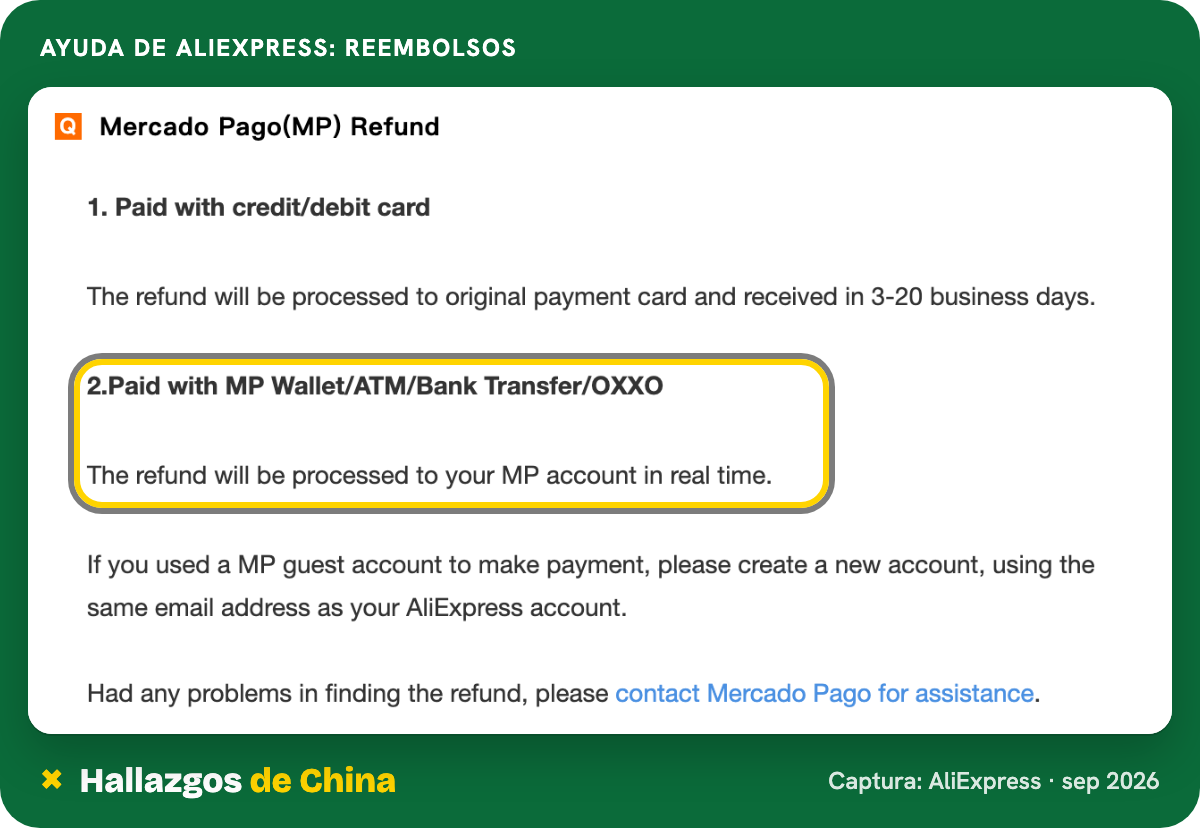 Artículo del centro de ayuda de AliExpress sobre reembolsos de Mercado Pago, con el apartado de pagos hechos en OXXO