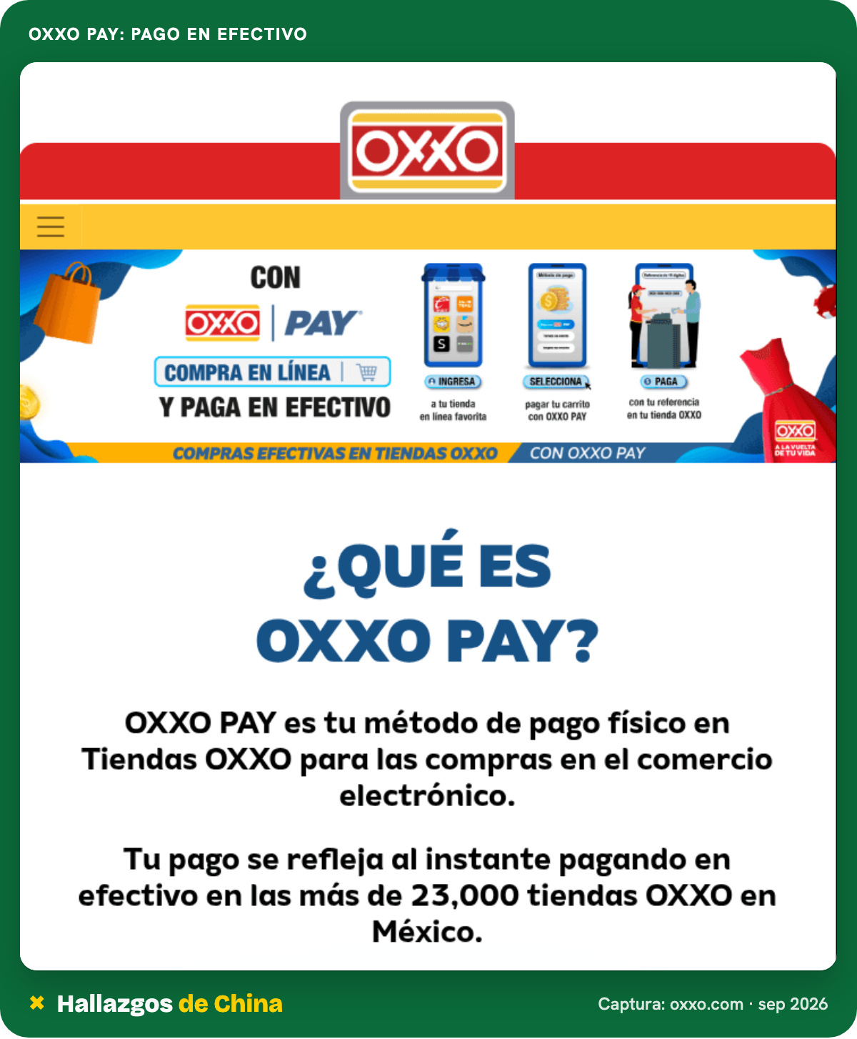 Página de OXXO Pay que explica el pago en efectivo en tiendas OXXO para compras en línea