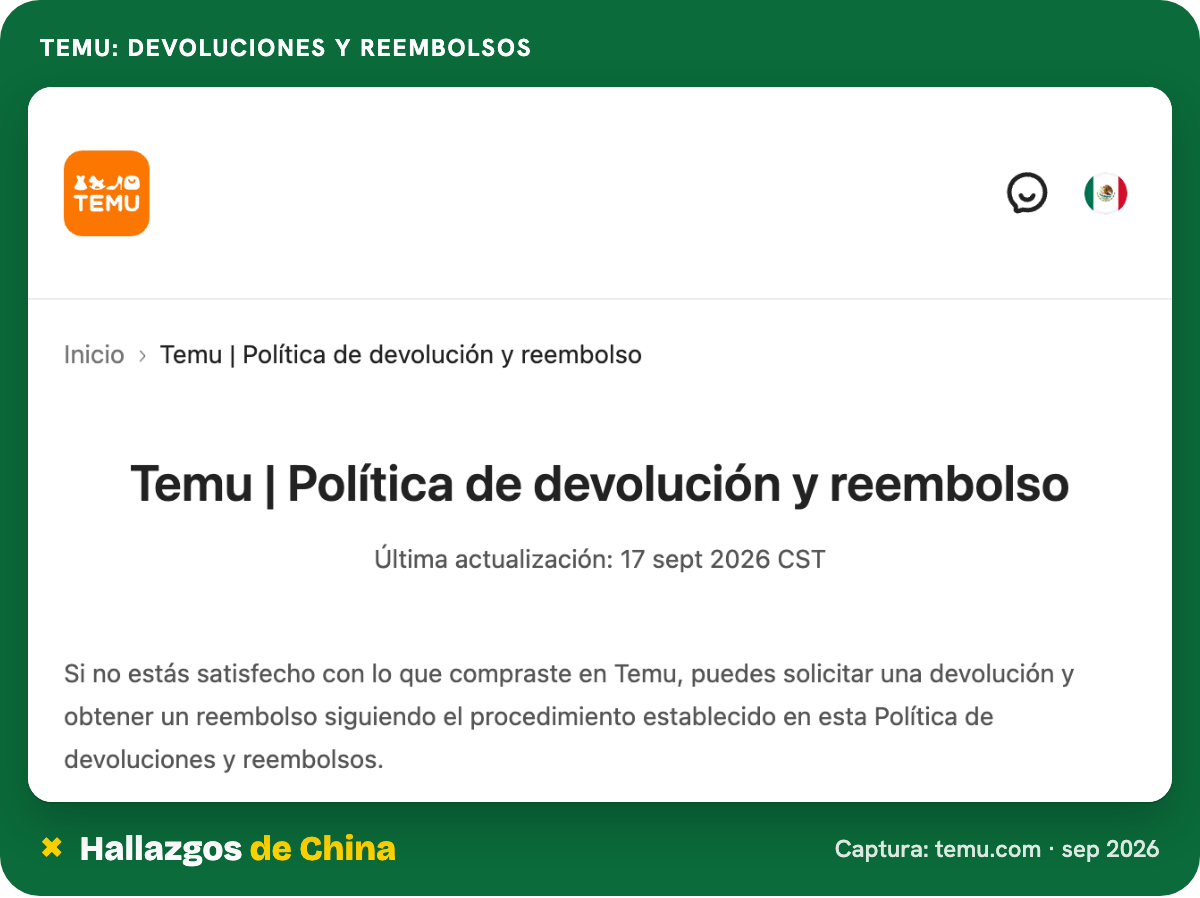 Página de la política de devoluciones y reembolsos de Temu México