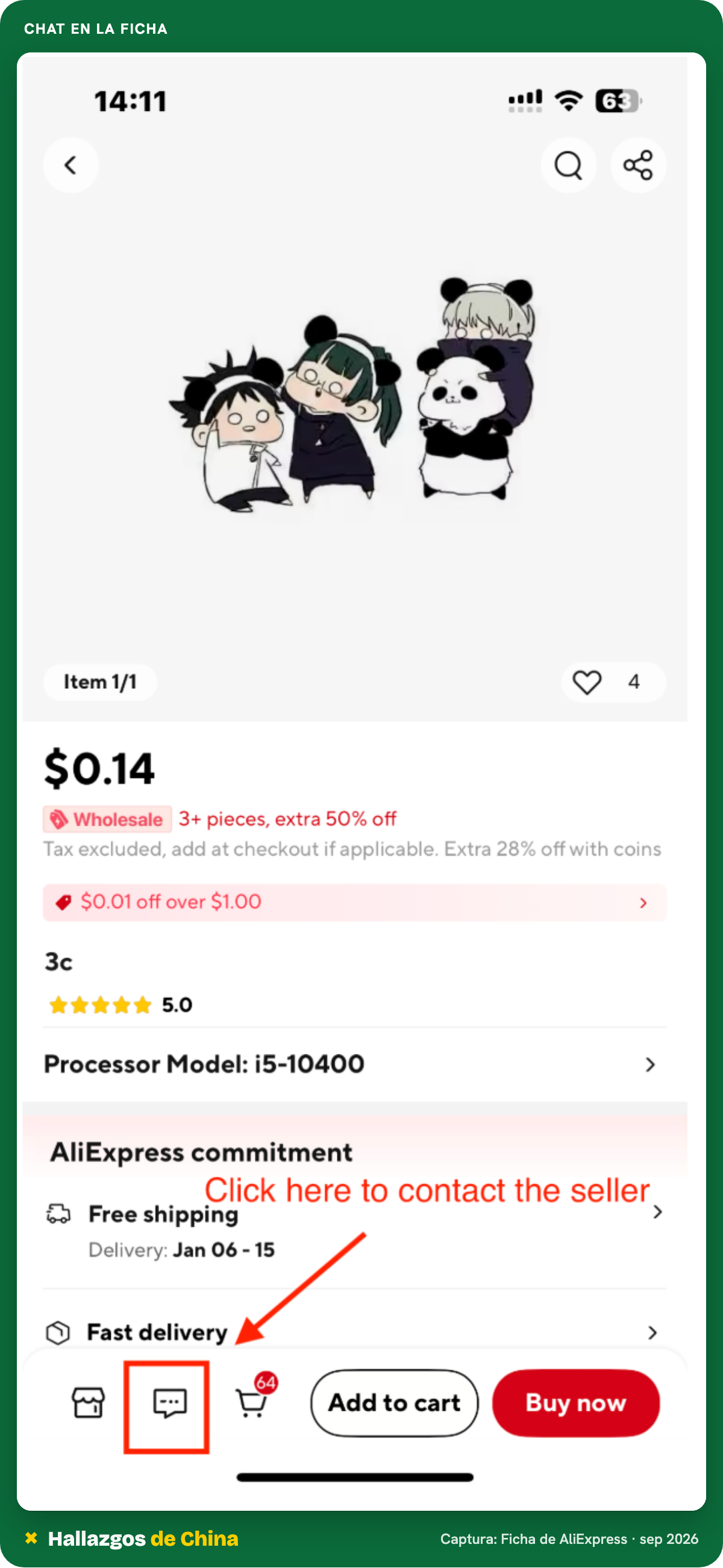 Ficha de un producto en AliExpress con el ícono de chat marcado junto a comprar