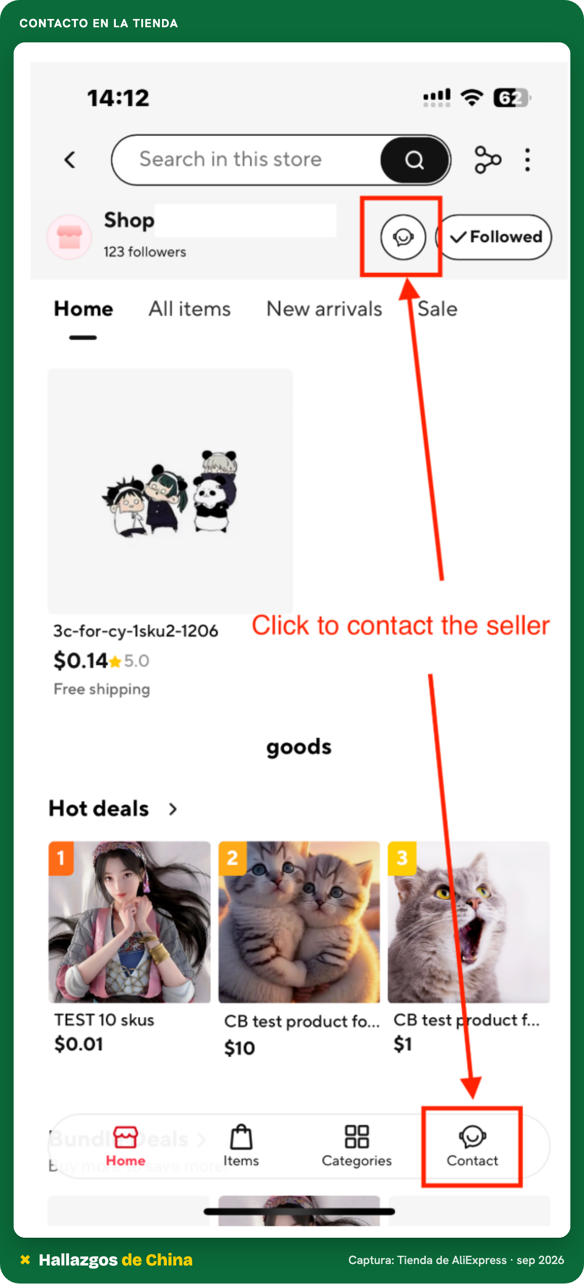 Portada de una tienda de AliExpress con el chat junto a seguir y la pestaña de contacto