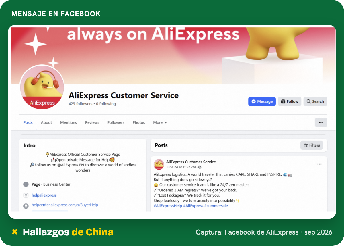 Página de atención de AliExpress en Facebook, con el botón para enviar un mensaje