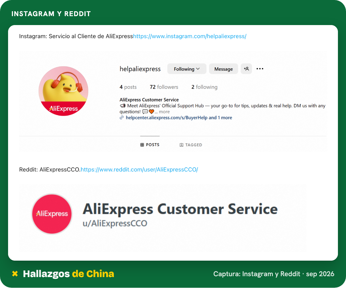 Perfil de atención de AliExpress en Instagram y la cuenta AliExpressCCO en Reddit