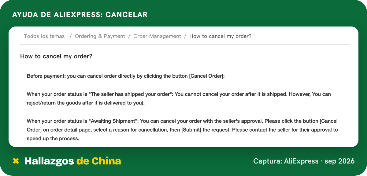 Artículo del centro de ayuda de AliExpress sobre cómo cancelar un pedido