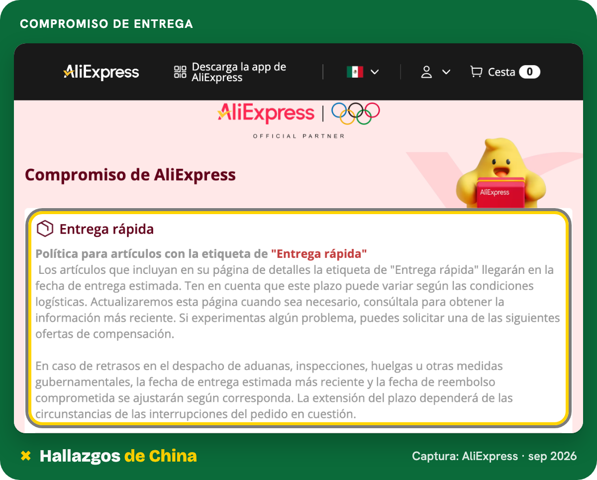 Página de compromisos de servicio de AliExpress con el apartado de entrega