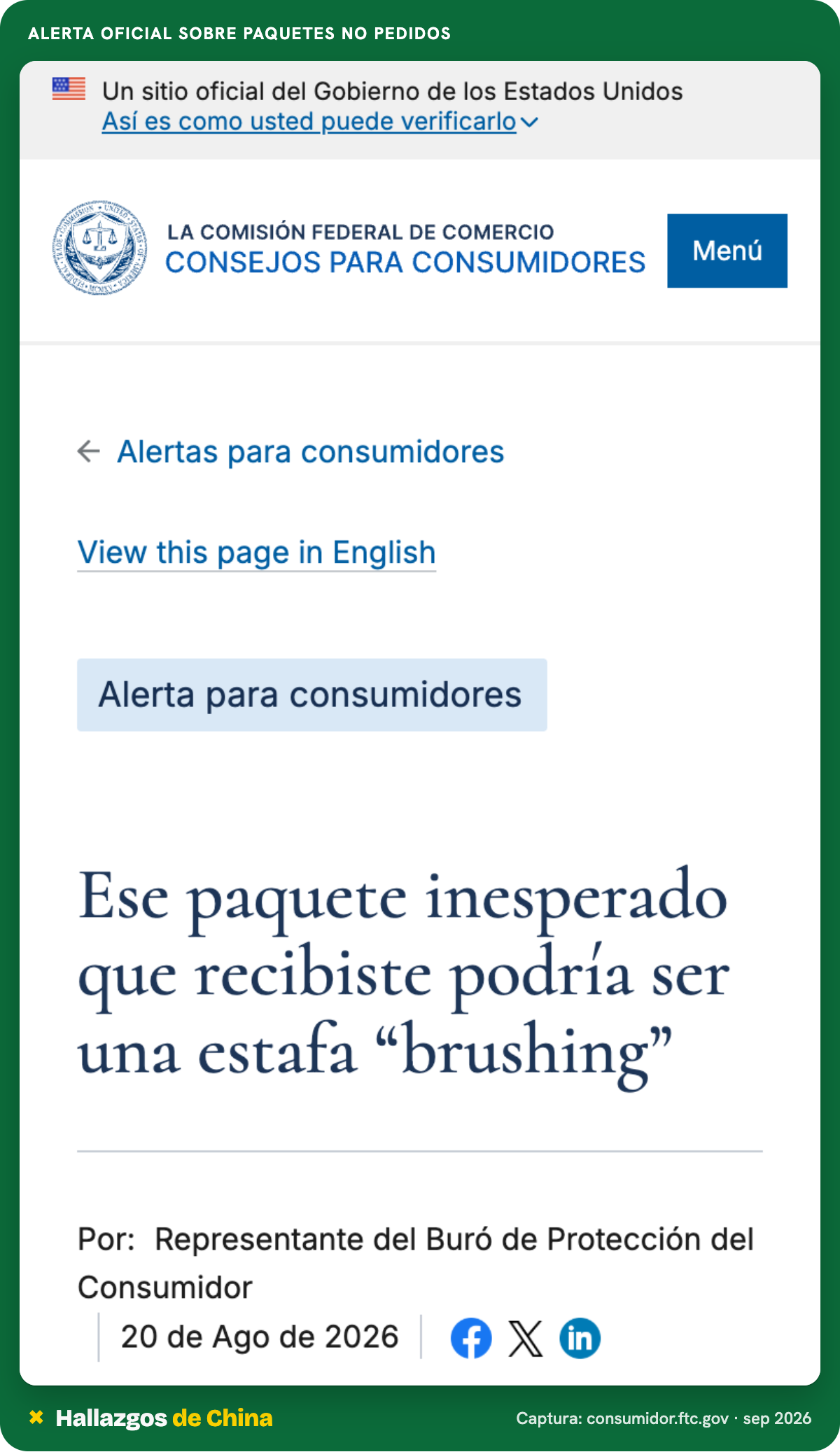 Alerta para consumidores de la Comisión Federal de Comercio sobre la estafa brushing con paquetes inesperados