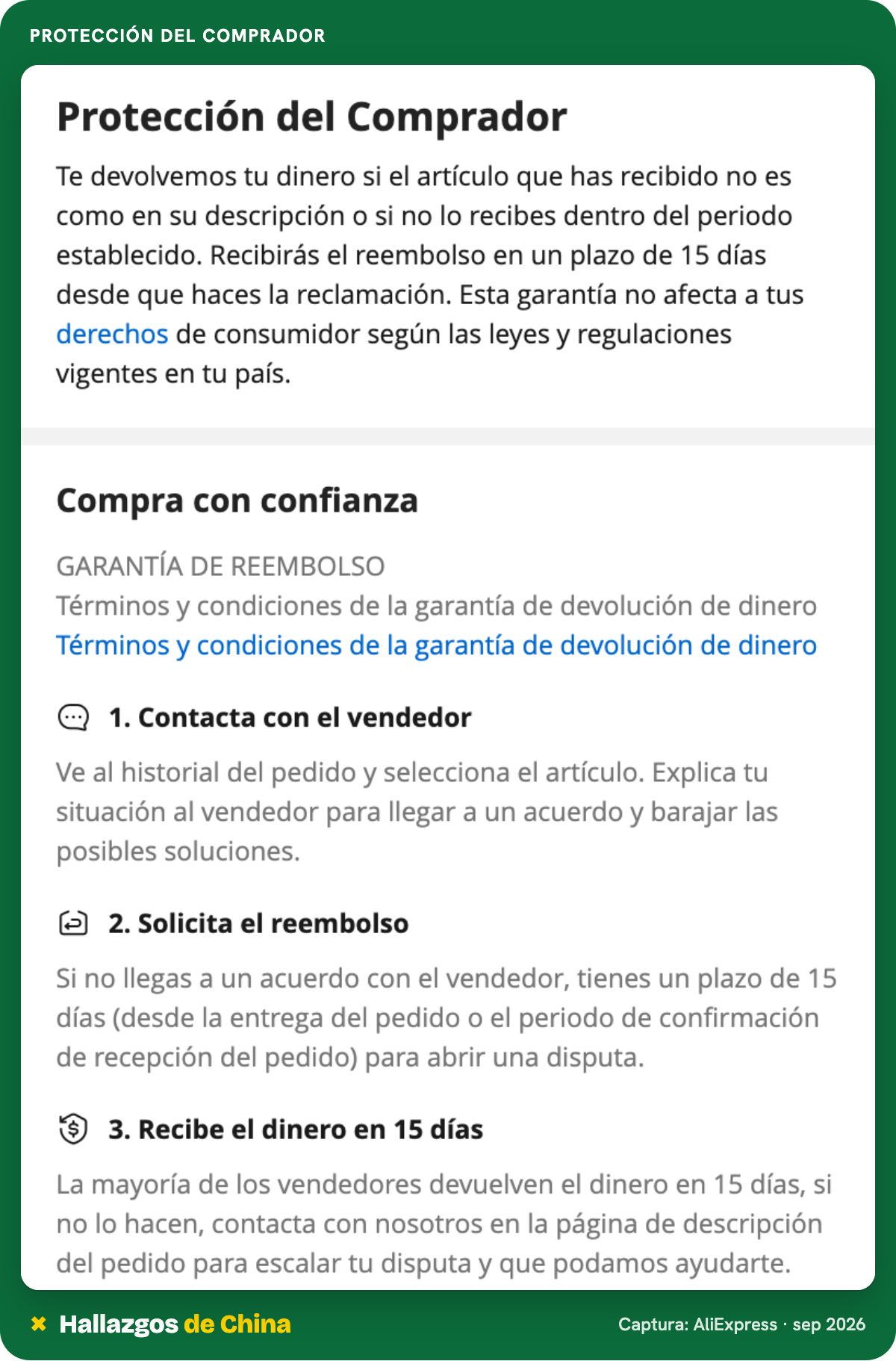 Página de Protección del Comprador que explica por qué es seguro comprar en AliExpress: garantía de reembolso y pasos para reclamar
