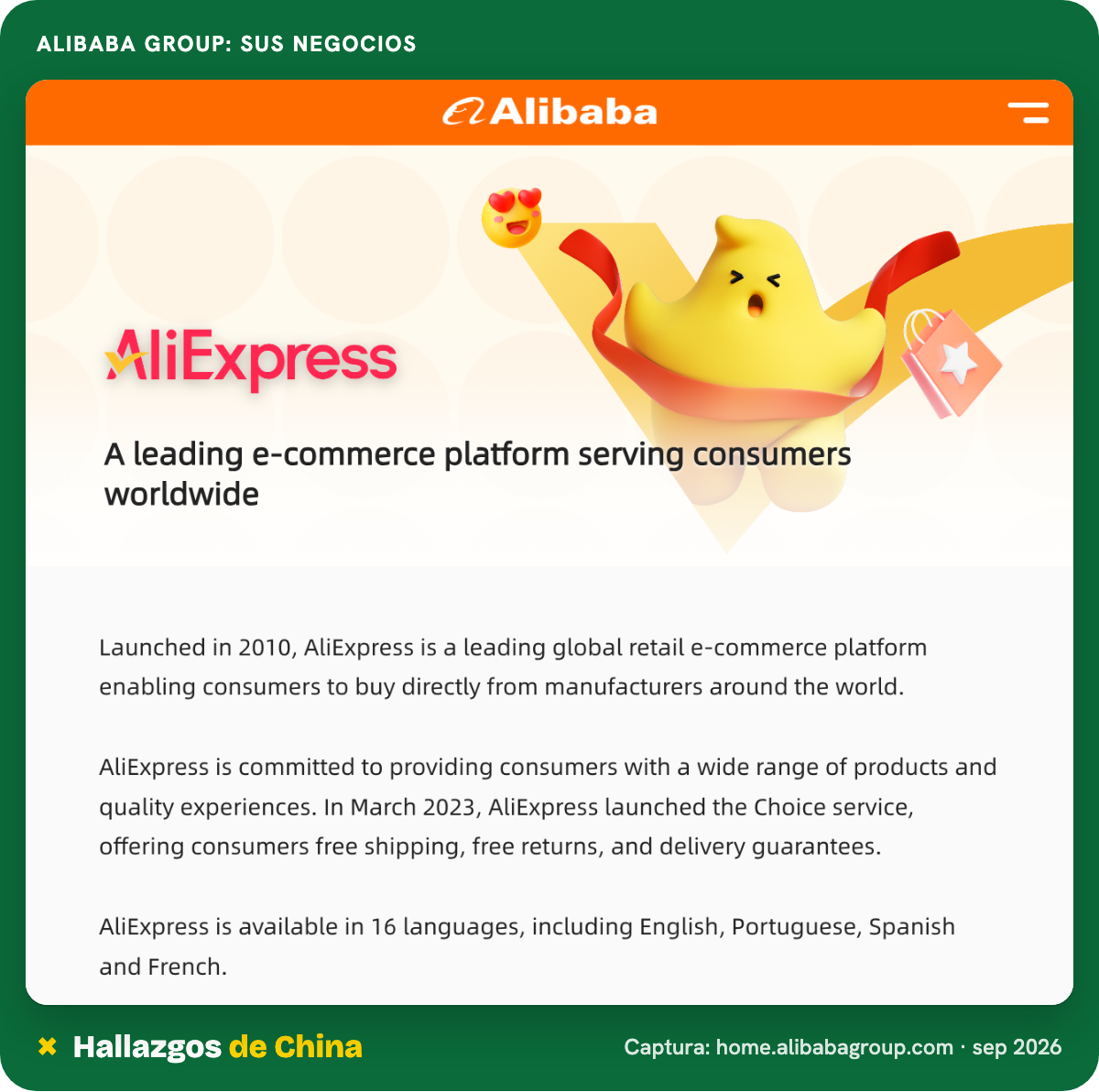 Página de Alibaba Group que presenta sus negocios, entre ellos AliExpress