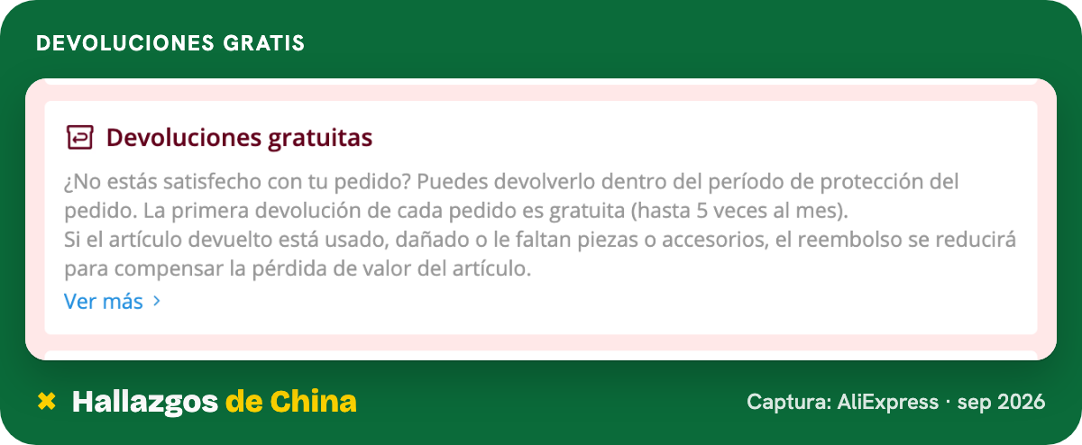 Página de compromisos de servicio de AliExpress con el apartado de devoluciones gratis