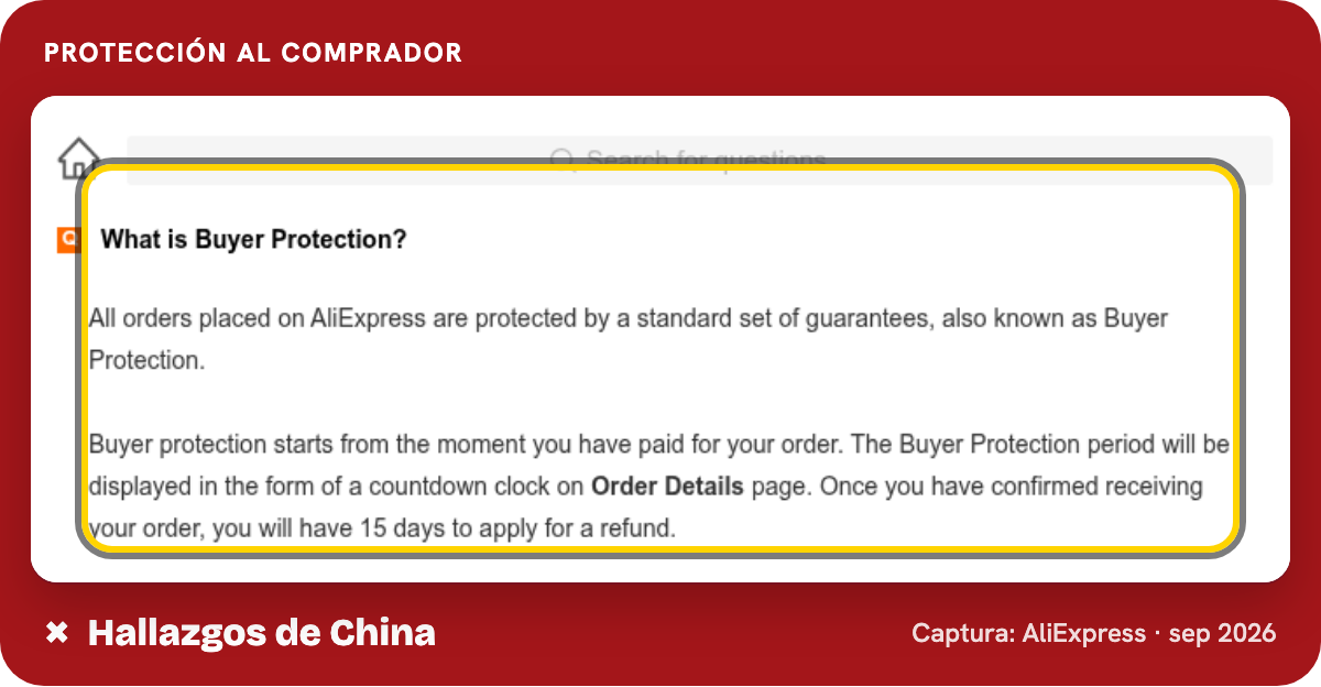 Página de ayuda de AliExpress sobre Protección al Comprador