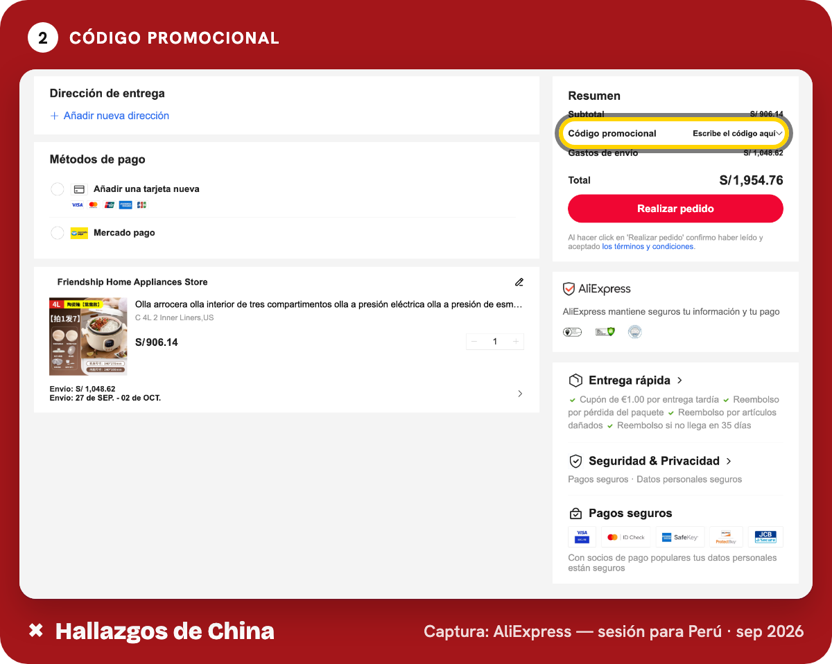 Escribe el código en la casilla de pago