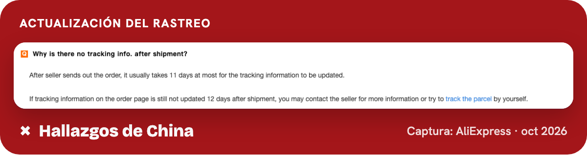 Artículo del centro de ayuda de AliExpress, en inglés, sobre la demora habitual de las actualizaciones de seguimiento.