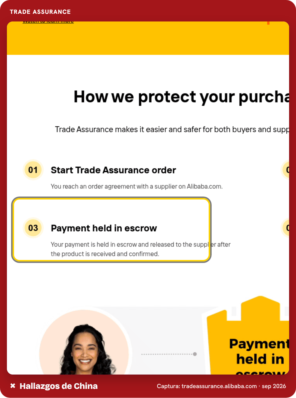 Página de Trade Assurance de Alibaba.com sobre el pago retenido