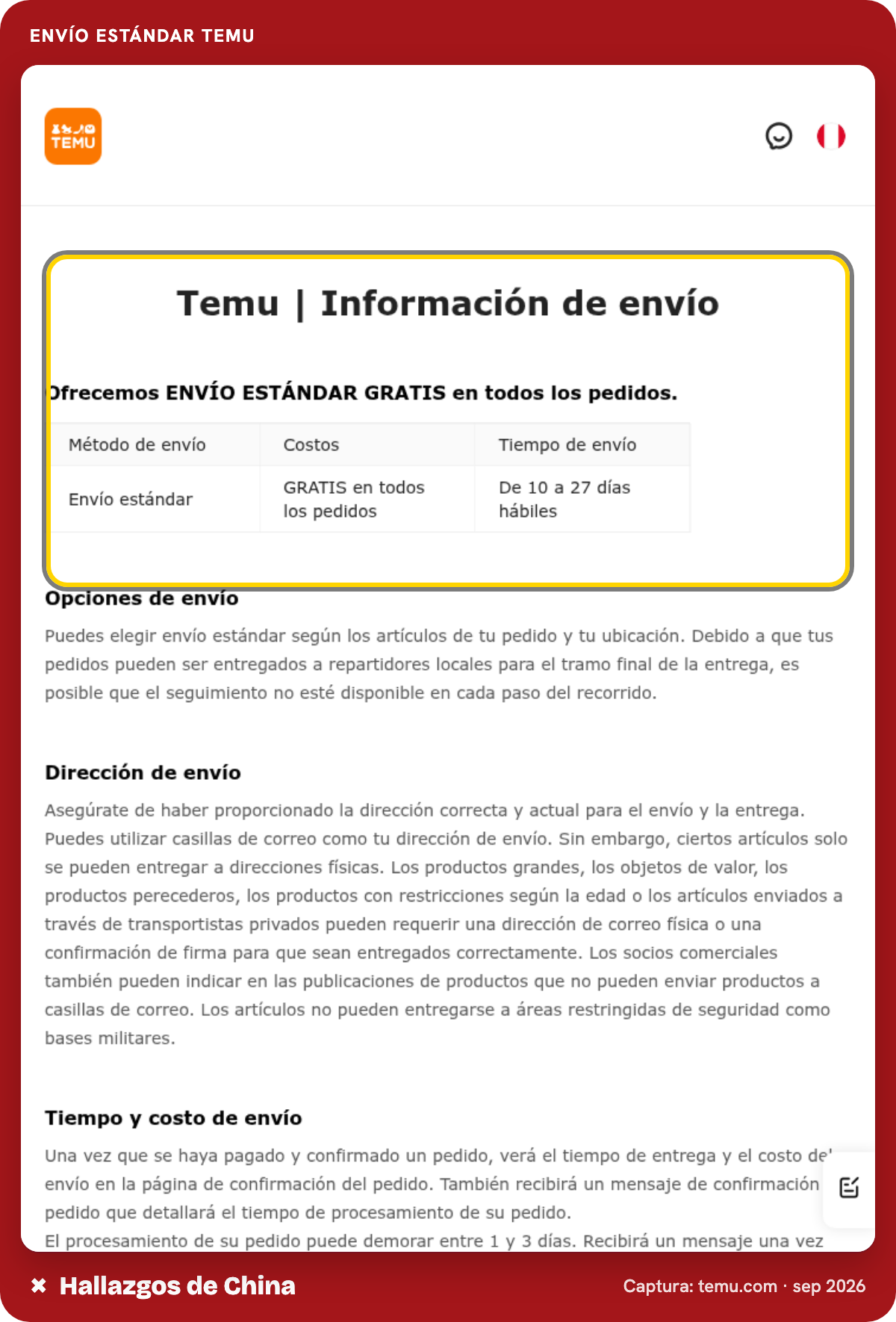 Página de envíos de Temu Perú con el envío estándar gratis