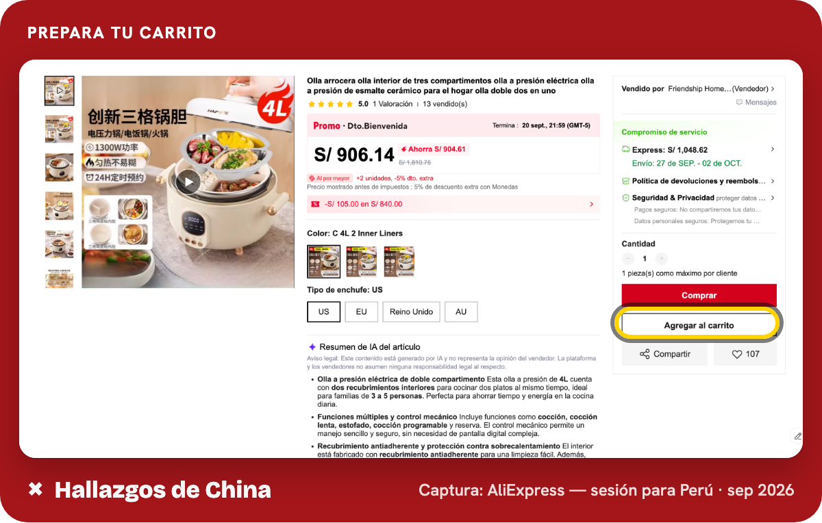 La ficha observada en AliExpress para Perú muestra el botón Agregar al carrito.