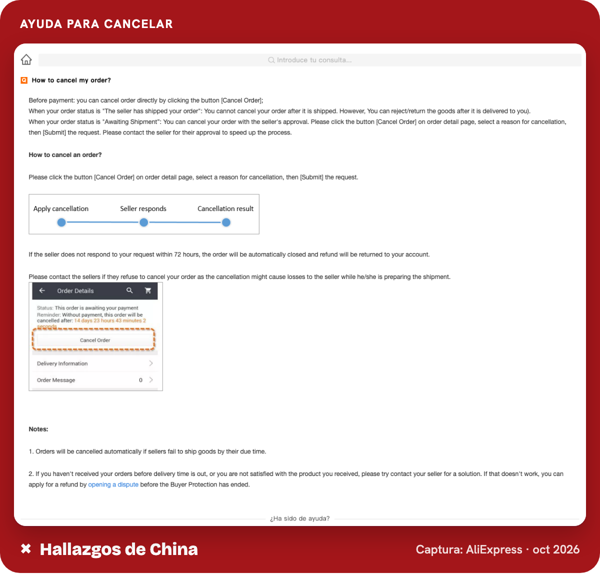 Artículo del centro de ayuda de AliExpress sobre cómo cancelar un pedido