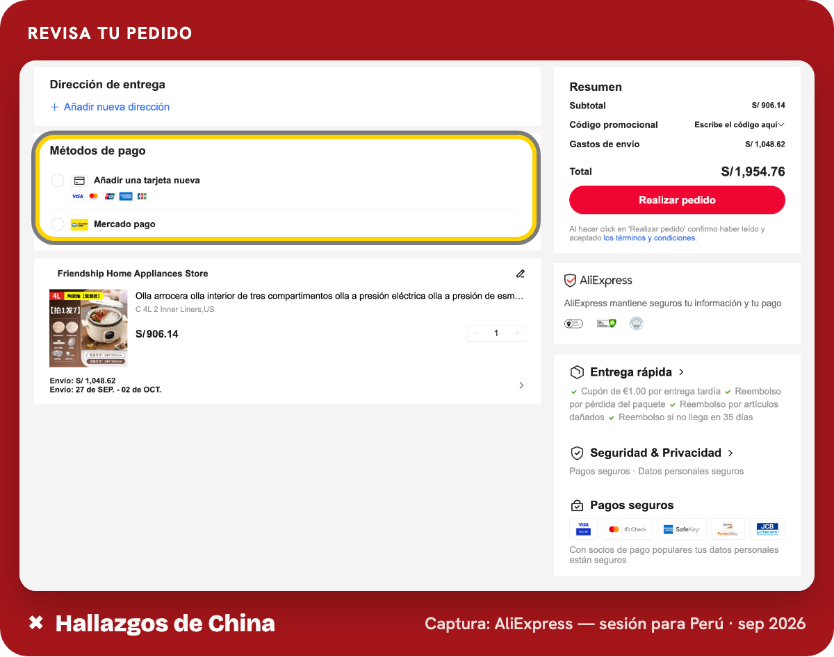 La pantalla de pago observada para Perú muestra los métodos de pago y el resumen del pedido.