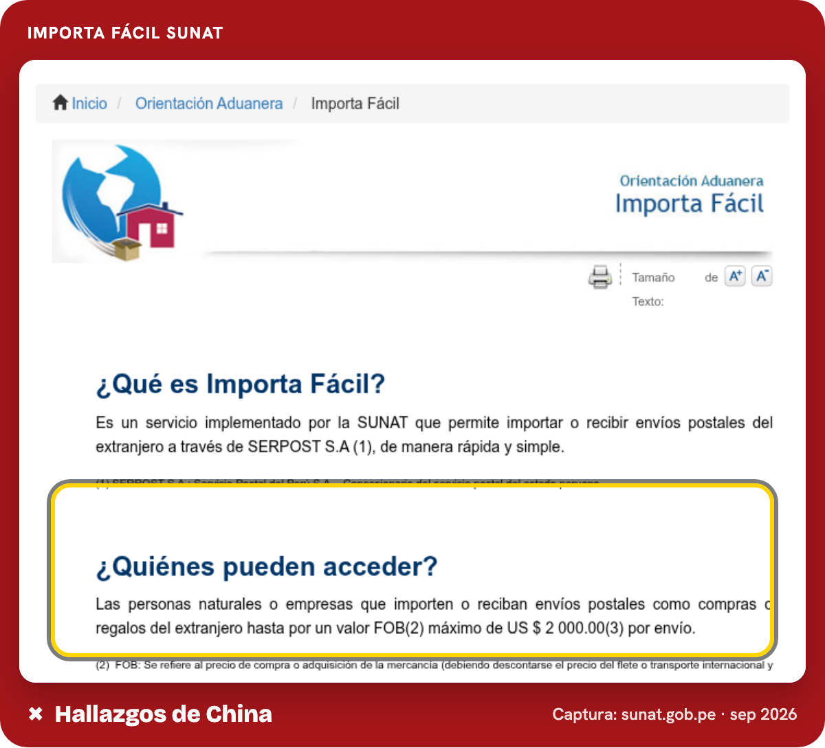 Página de SUNAT Importa Fácil sobre envíos postales a Perú