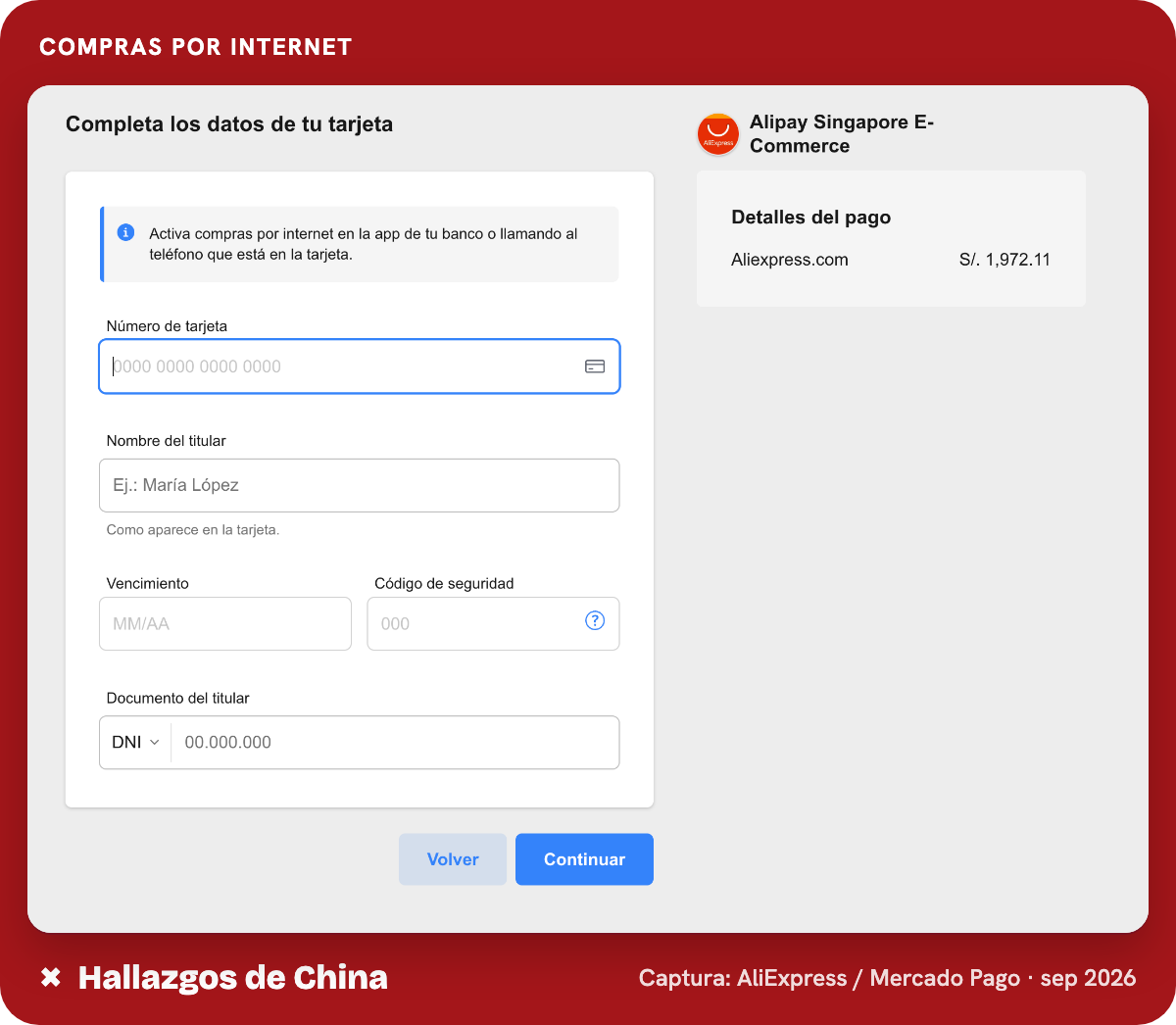 Aviso de Mercado Pago para activar las compras por internet antes de pagar con tarjeta