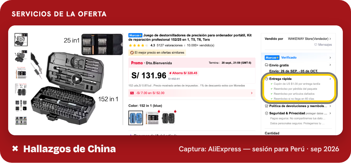La oferta observada para Perú muestra Entrega rápida y sus condiciones junto al distintivo Marcas+.