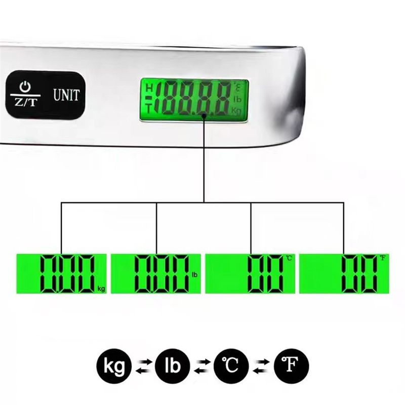 Vista de la pantalla LCD verde mostrando las opciones de medida en kilogramos, libras y temperatura.