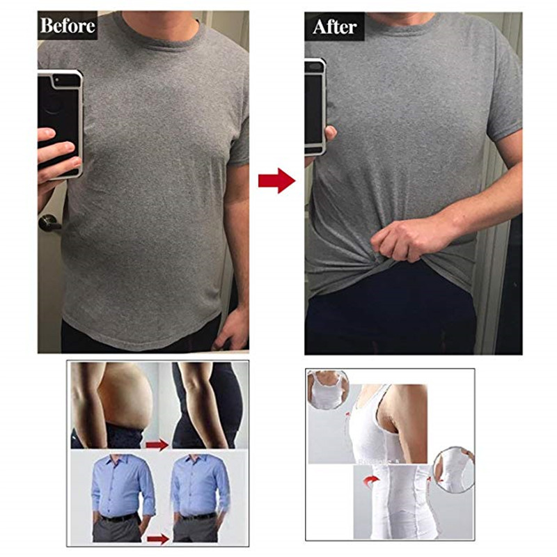 Comparativa del torso de un hombre antes y después de usar la camiseta moldeadora debajo de la ropa.