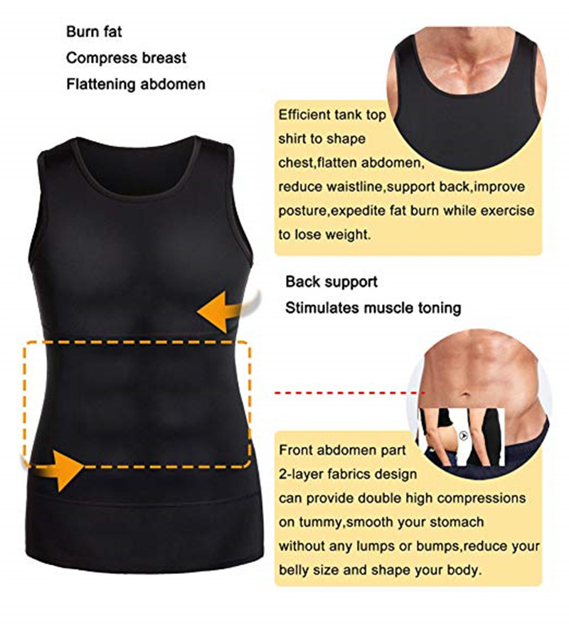 Diagrama de la camiseta reductora negra señalando zonas de soporte abdominal y compresión de pecho.