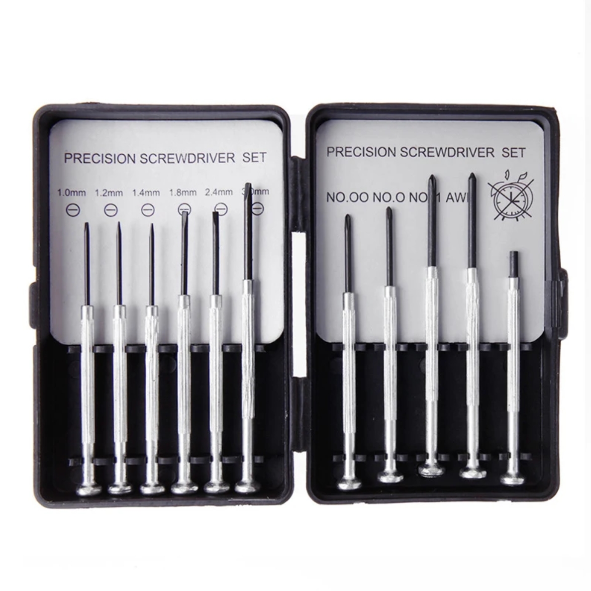 Estuche organizador de plástico abierto mostrando once mini herramientas ordenadas.