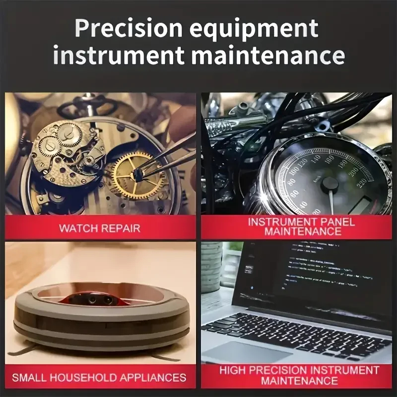 Cuatro aplicaciones de uso: reparación de relojes, tablero de instrumentos, electrodomésticos y laptops.