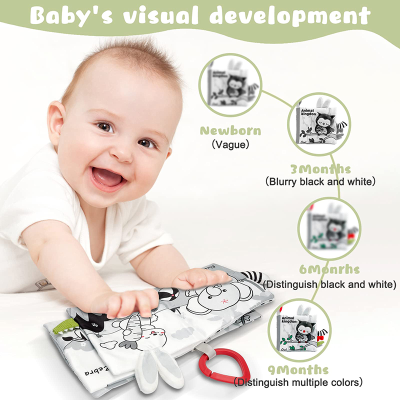 Bebé recostado junto al libro abierto con ilustraciones explicativas sobre desarrollo visual infantil.