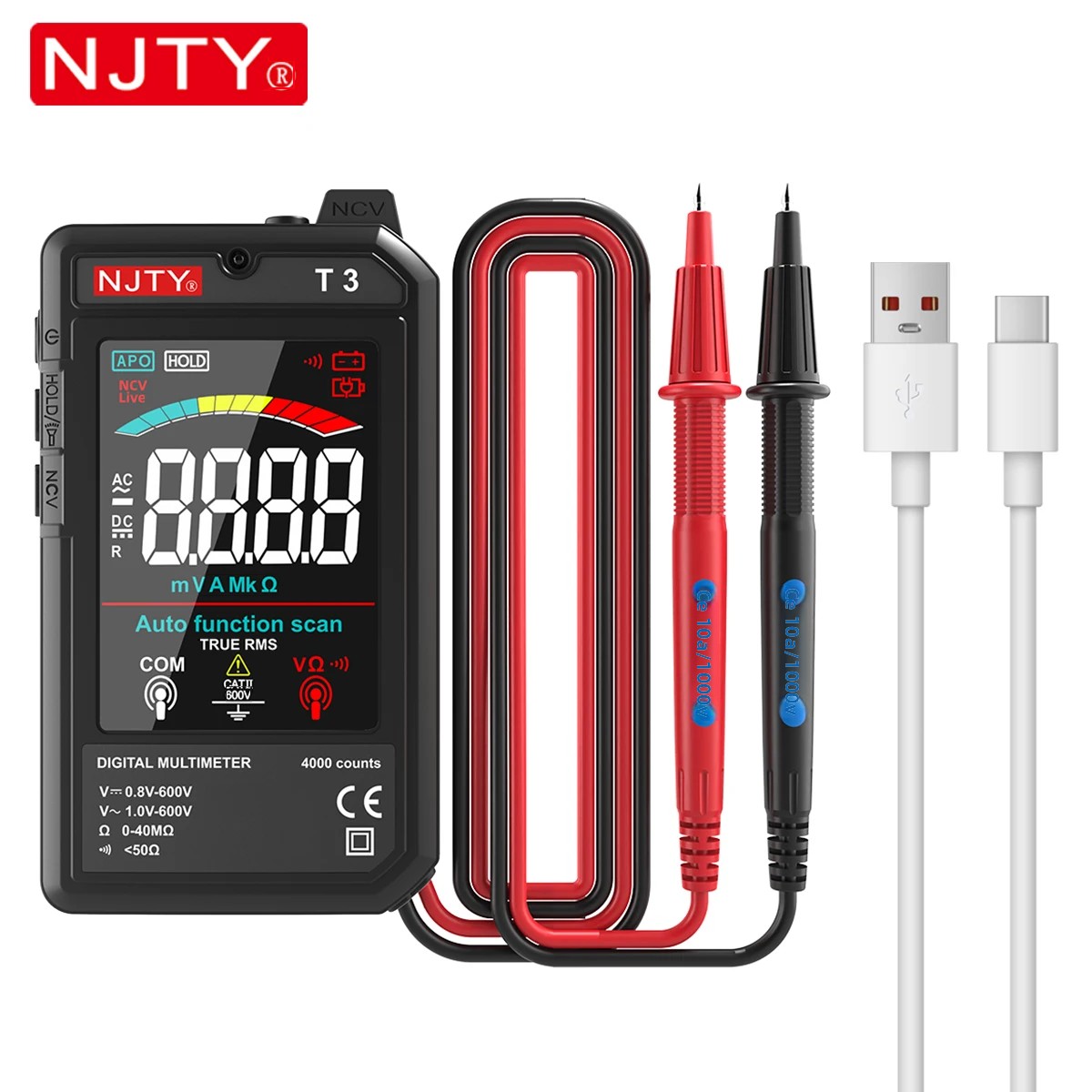 Multímetro digital NJTY T3 recargable con pantalla a color