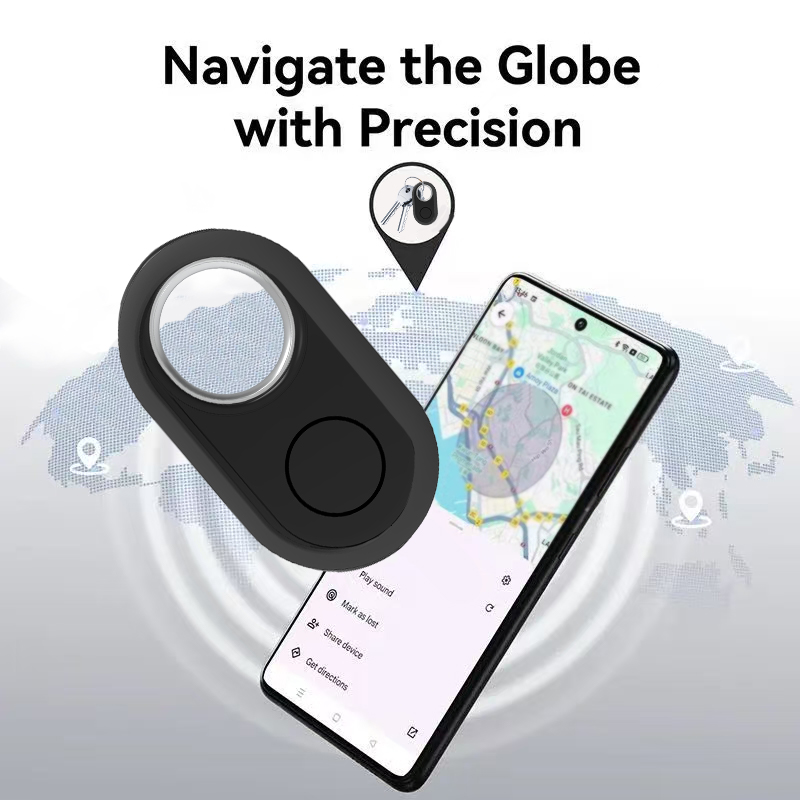 Localizador negro sobre un teléfono con mapa de navegación y recuadro con un llavero.