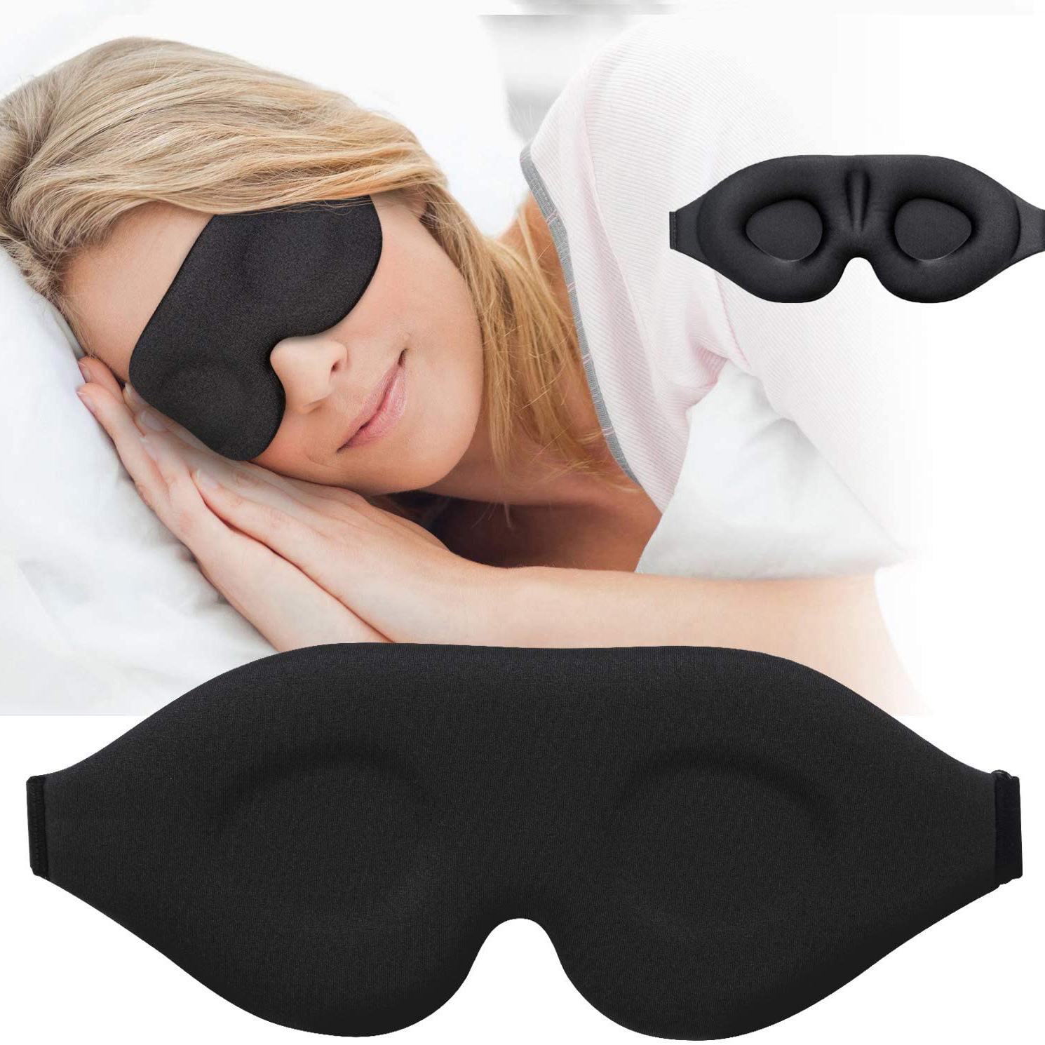 Mujer durmiendo con antifaz junto a vistas frontal e interior de las cavidades oculares.