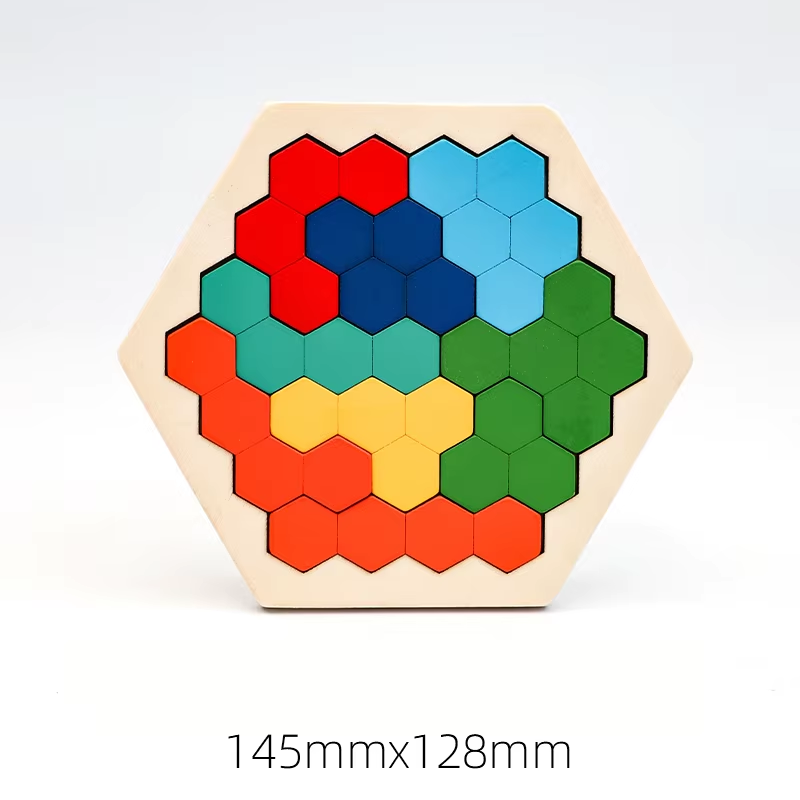 Rompecabezas hexagonal de madera con piezas geométricas de colores y dimensiones impresas al pie.