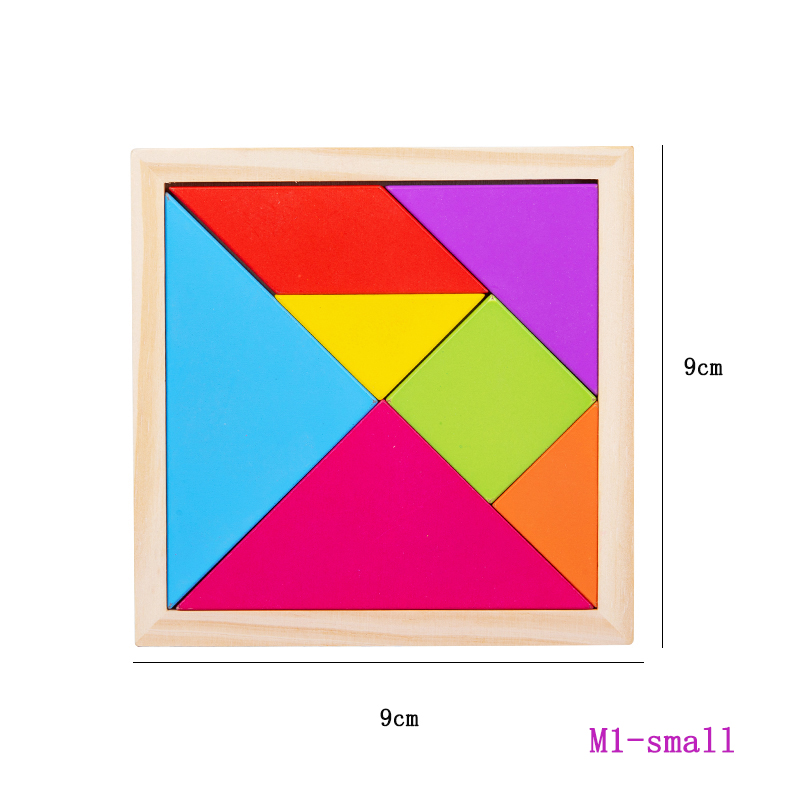Rompecabezas tangram cuadrado de madera con siete piezas poligonales y acotación de 9 cm por lado.