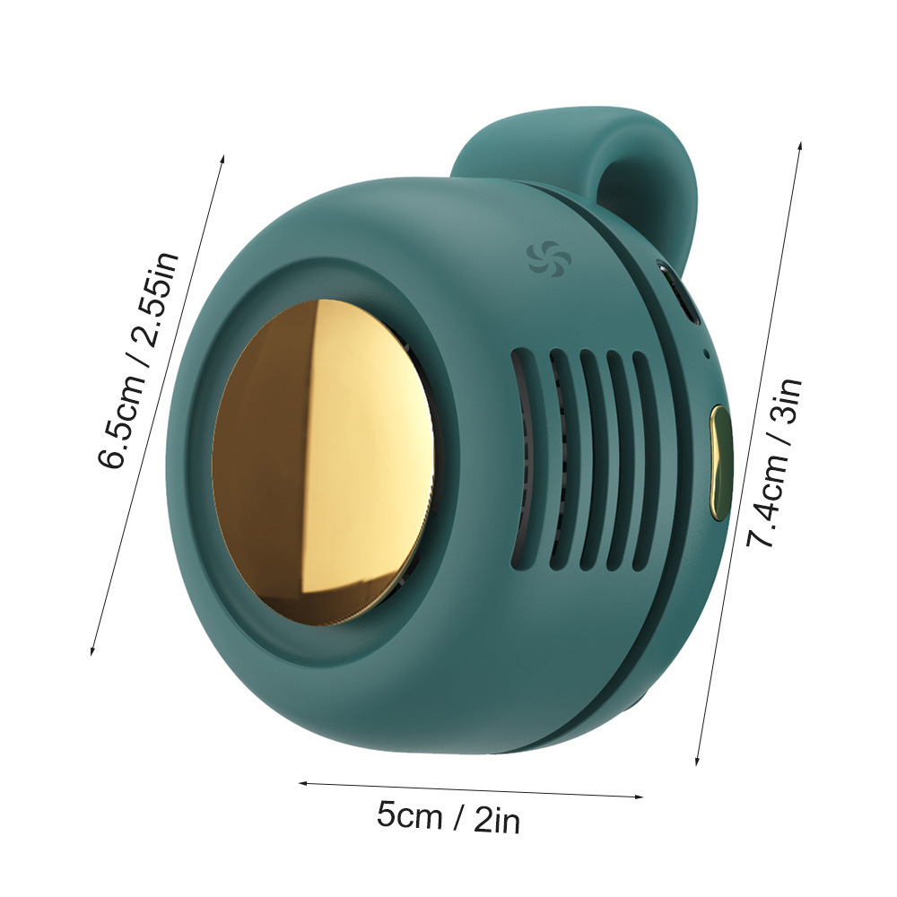 Ventilador portátil verde en ángulo de perfil con las medidas acotadas de alto, ancho y grosor.