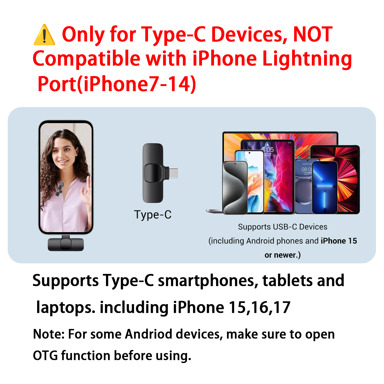 Infografía sobre compatibilidad del receptor USB-C con teléfonos inteligentes, tabletas y laptops.