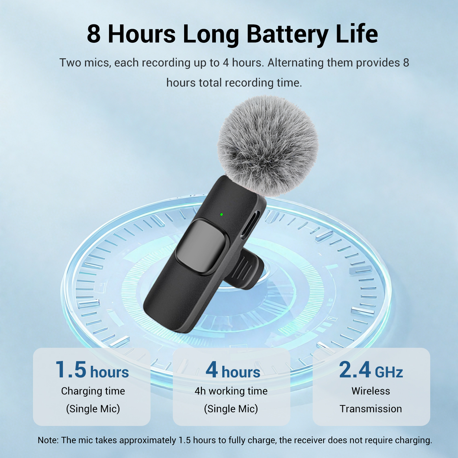 Micrófono inalámbrico sobre un dial digital que detalla la autonomía de batería y tiempo de carga.