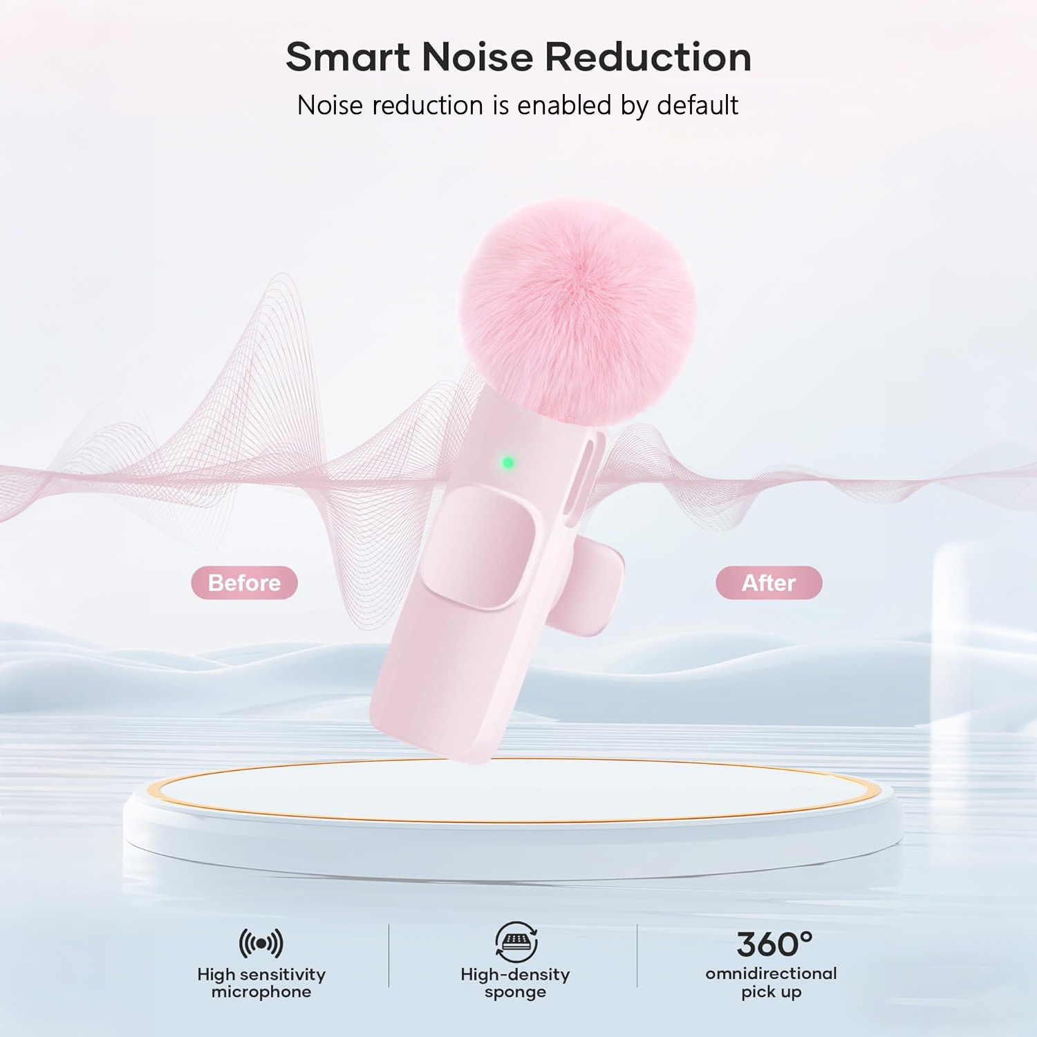 Micrófono inalámbrico color rosa sobre una base circular con gráfico de reducción de ruido ambiental.