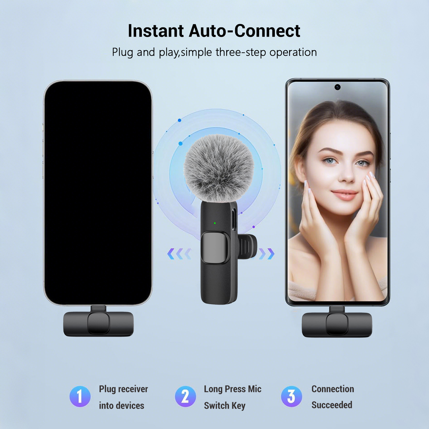 Guía paso a paso para la conexión automática rápida entre el receptor enchufado al celular y el micrófono.