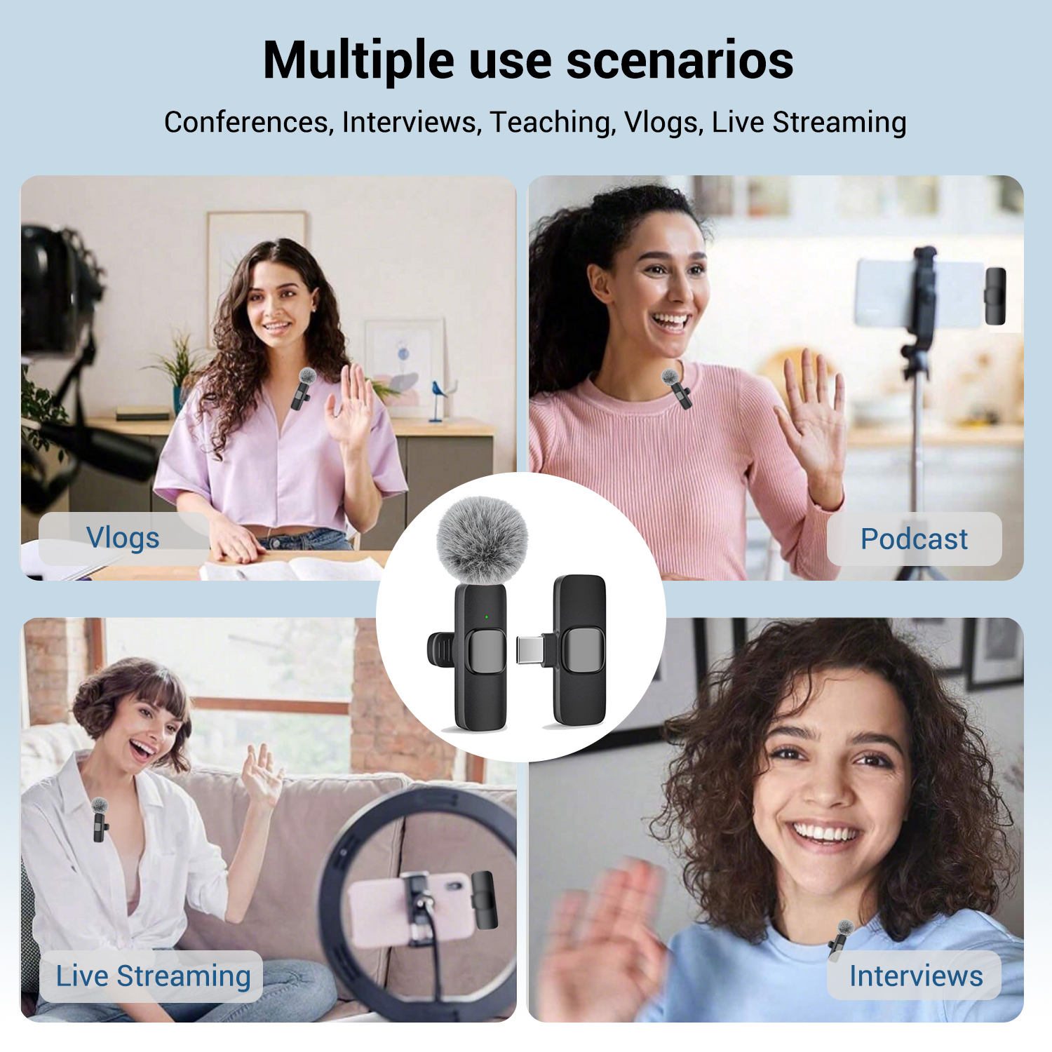 Cuatro situaciones de uso del micrófono en la solapa para videoblogs, podcasts, transmisiones y entrevistas.